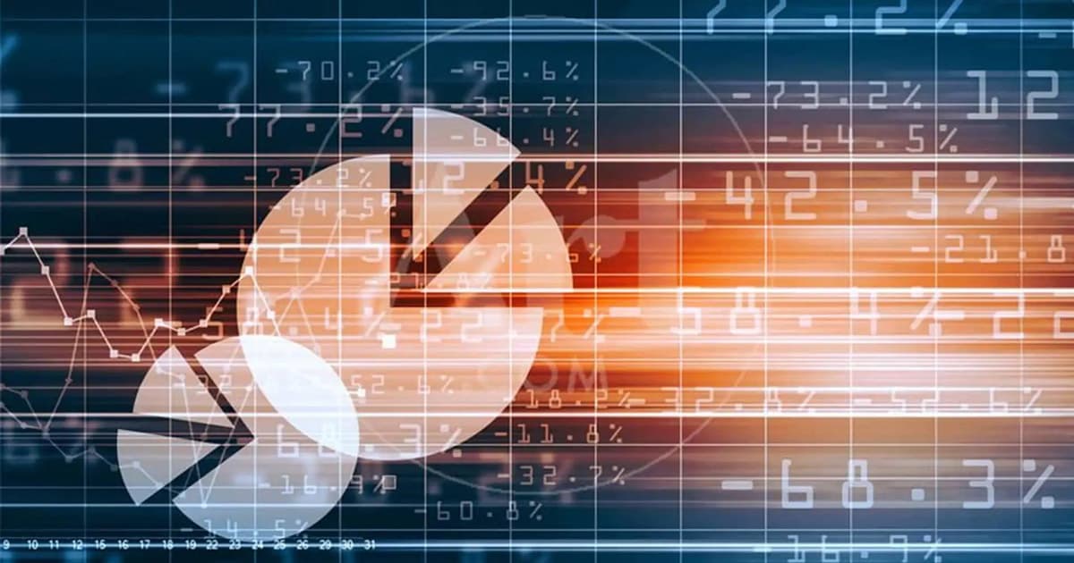 Abstract image featuring pie charts overlaid on a grid with numbers and percentages, representing financial data or statistics, with an orange and blue color scheme and a blurred, futuristic effect.