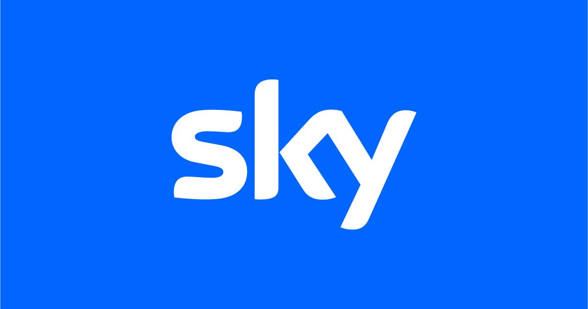 White lowercase word sky in a modern font centered on a solid bright blue background.