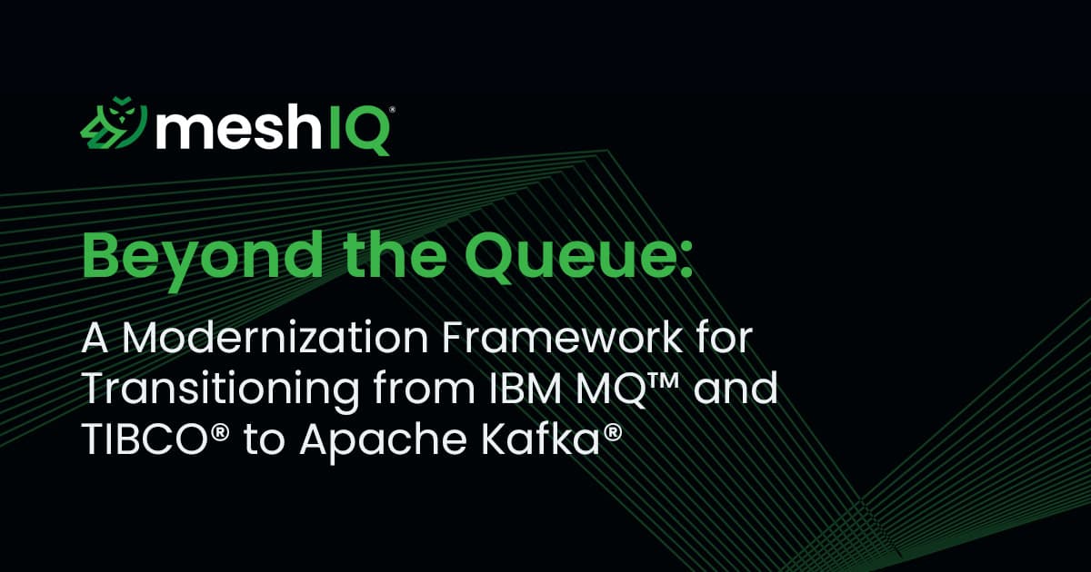 A promotional graphic for meshIQ featuring the title "Beyond the Queue" and a description about transitioning from IBM MQ and TIBCO to Apache Kafka.
