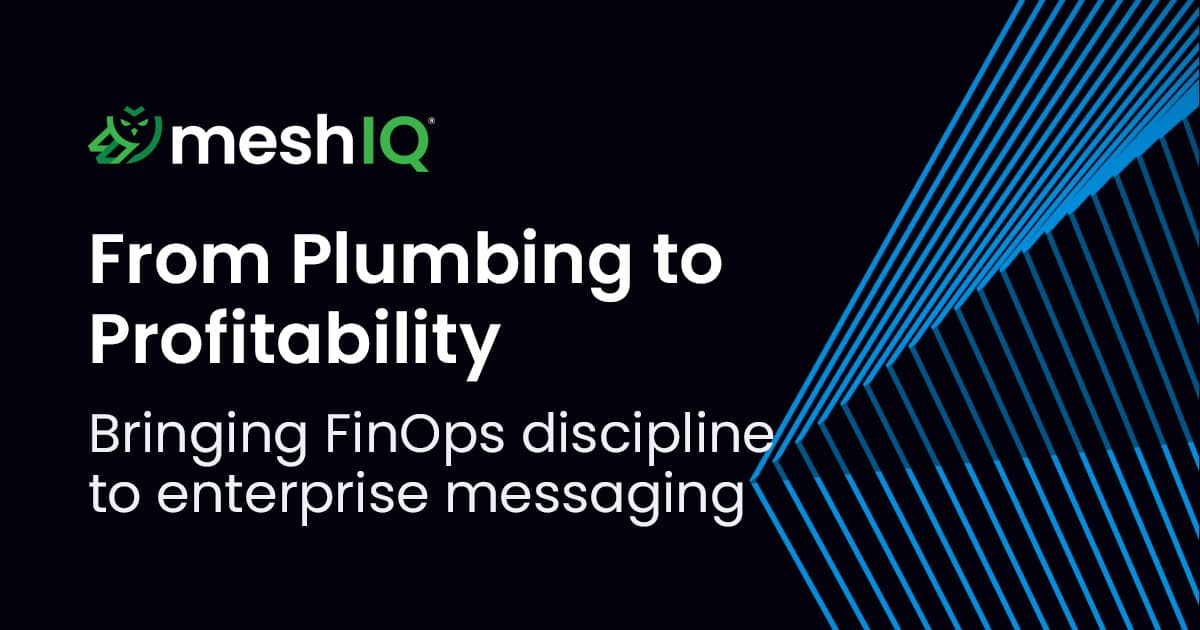 MeshIQ logo and text: From Plumbing to Profitability – Bringing FinOps discipline to enterprise messaging on a black background with blue diagonal lines on the right side.