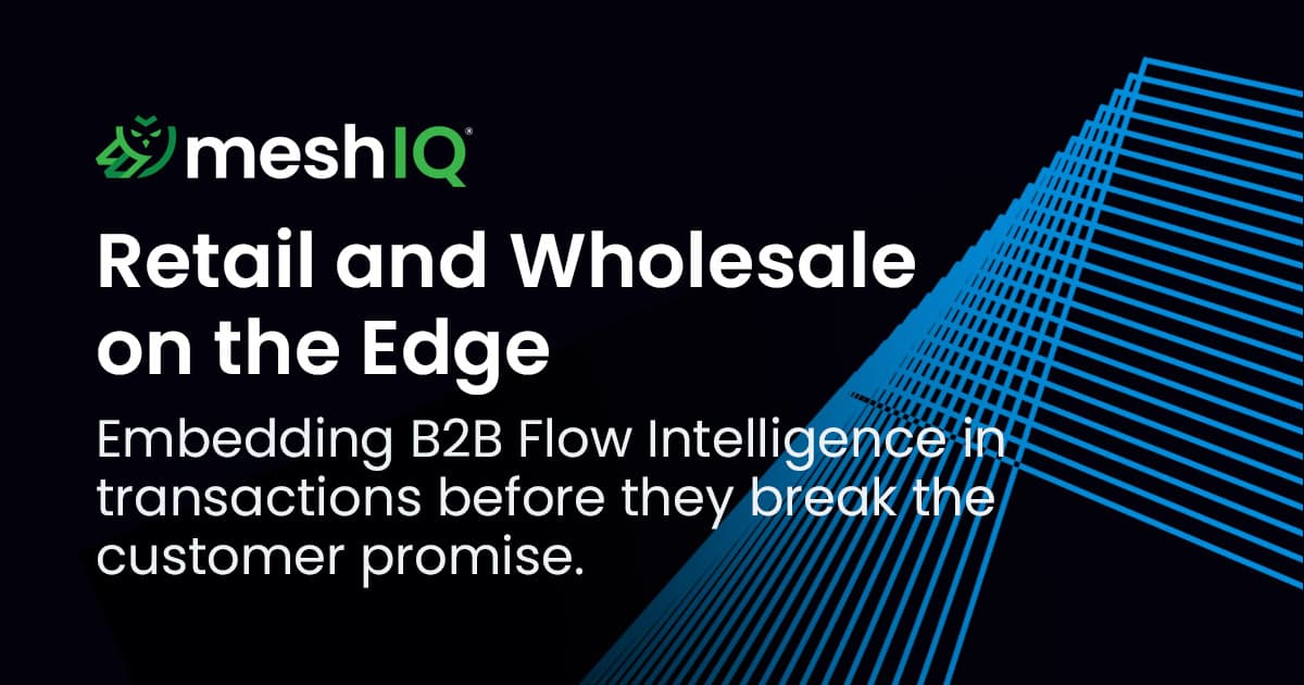 A graphic with the meshIQ logo and text: Retail and Wholesale on the Edge. Embedding B2B Flow Intelligence in transactions before they break the customer promise. Blue geometric lines are on the right side of the dark background.