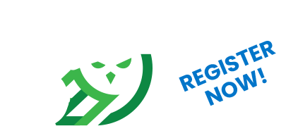 A green and white winter-themed logo with a beanie and snowman next to a white starburst shape featuring the blue text REGISTER NOW!.