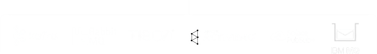 Logos of Kafka, RabbitMQ, TIBCO, Apache ActiveMQ, Solace PubSub+, and a mail envelope icon are displayed in a row on a light background.