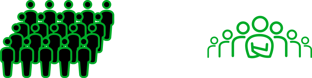 A group of solid black and green people icons on the left, an arrow in the center, and a smaller group of outlined green people with a checkmark on the right.