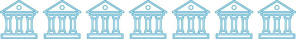 Seven identical blue outline icons of classical bank buildings with columns, evenly spaced in a horizontal row on a white background.