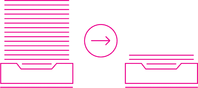 A tall stack of papers in a tray on the left is shown with an arrow pointing right toward a much shorter stack of papers in a tray on the right, all outlined in pink.