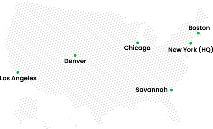 A dotted map of the United States shows five cities labeled with green dots: Los Angeles, Denver, Chicago, Boston, and New York (HQ).