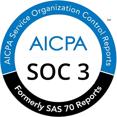 Circular AICPA SOC 3 badge: blue and white ring reads “AICPA Service Organization Control Reports,” with “SOC 3” centered and “Formerly SAS 70 Reports” below; formal certification design.