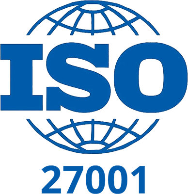 Blue ISO 27001 logo on a black background, with bold lettering between stylized globe arcs; a clean, formal emblem for information security standards.