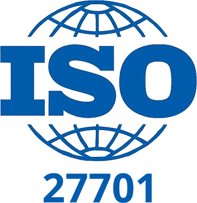 Blue “ISO” lettering and a stylized globe above, with “27701” below on a black background, presenting a bold ISO 27701 certification mark.