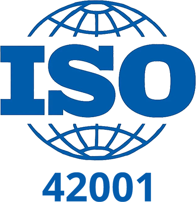 Blue ISO lettering overlays a stylized wireframe globe, with “42001” beneath on a black background; the clean design feels formal and authoritative.