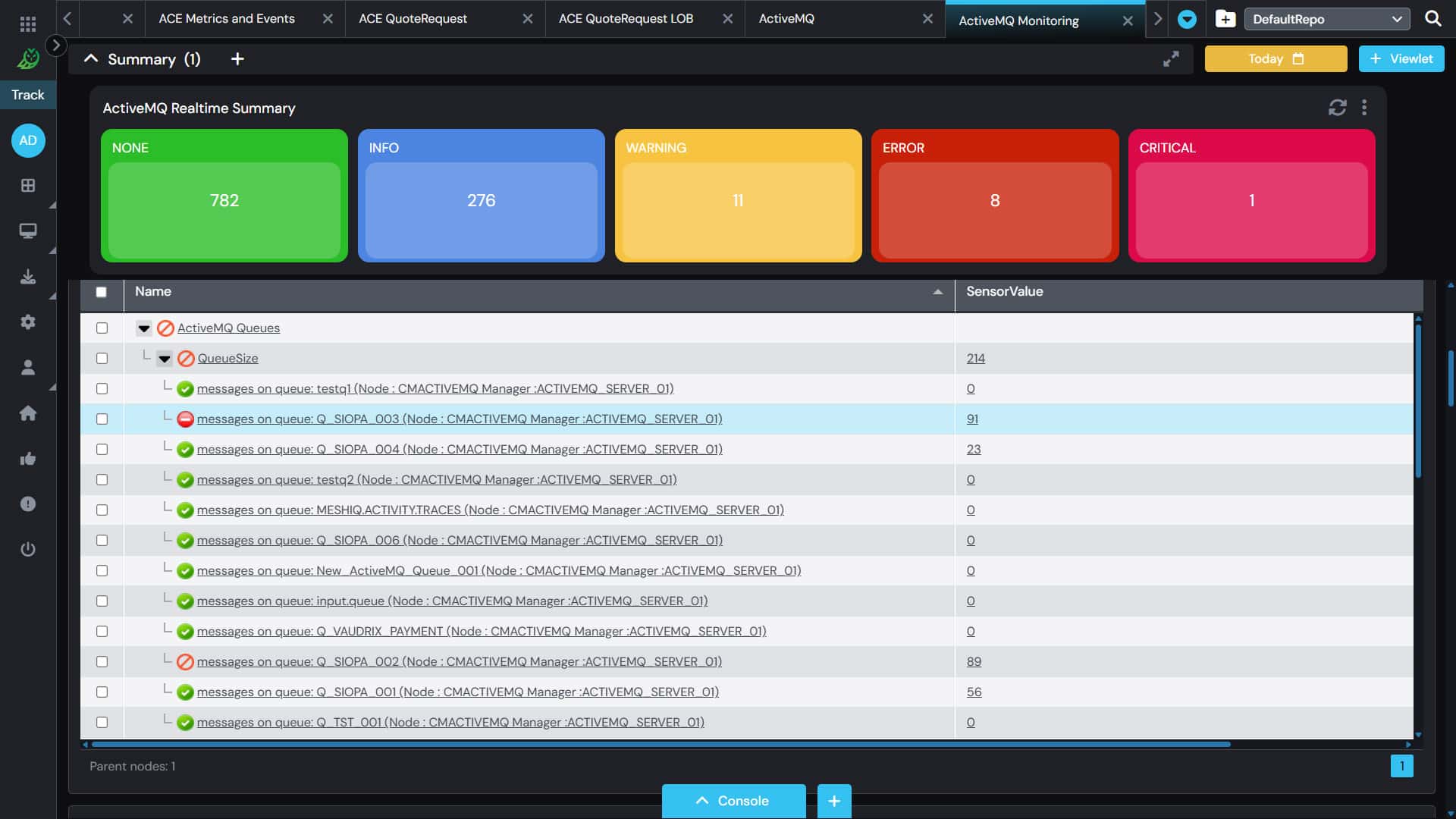 A monitoring dashboard displays five status panels: Healthy (258), Info (276), Warning (1), Error (8), and Critical (24). Below, a table lists details for various alerts, including status and sensor values.