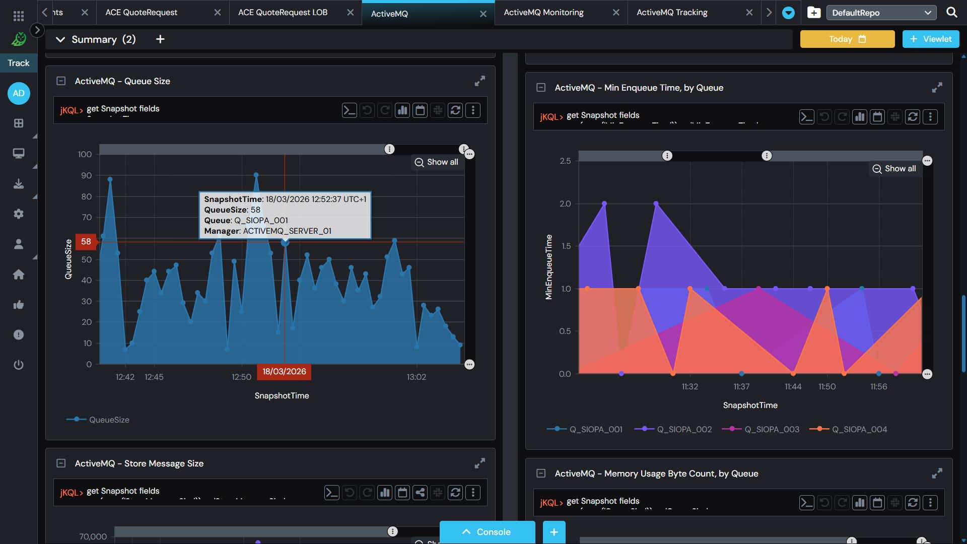 A dashboard displays two data visualizations: a blue area chart showing time-based snapshot data with a tooltip, and a red and purple stacked area chart comparing multiple categories over time.