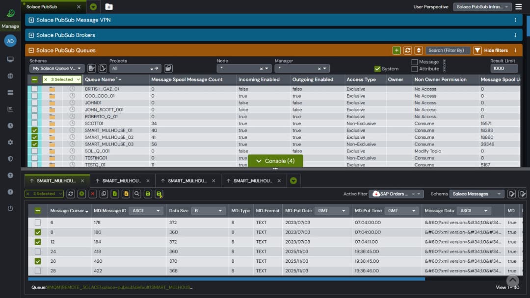 Screenshot of an API documentation interface displaying endpoints for solace.broker and solace.msgVpn operations. Methods include GET, PATCH, DELETE, and PUT, each color-coded and listing various broker and VPN actions.