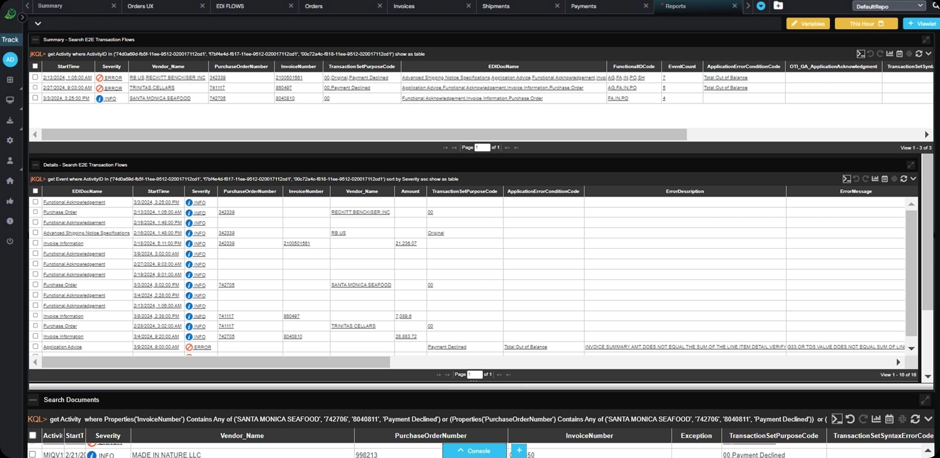 Screenshot of a software interface displaying three sections with data tables, search filters, and navigation controls, likely used for managing documents or records. Each table contains rows and columns with various details.