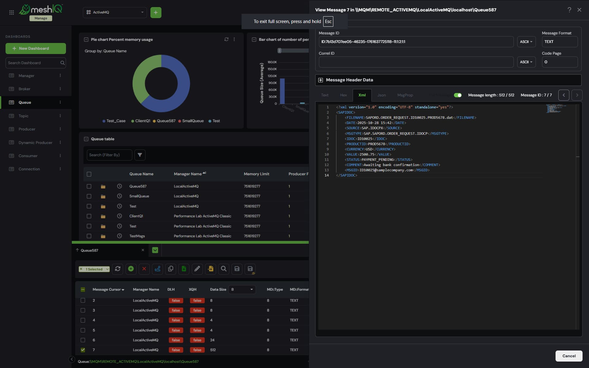 A computer screen displaying a message details window for a Kafka topic. It shows fields for partition, offset, key, timestamp, and tabs for viewing message headers, text, JSON, and full message content.