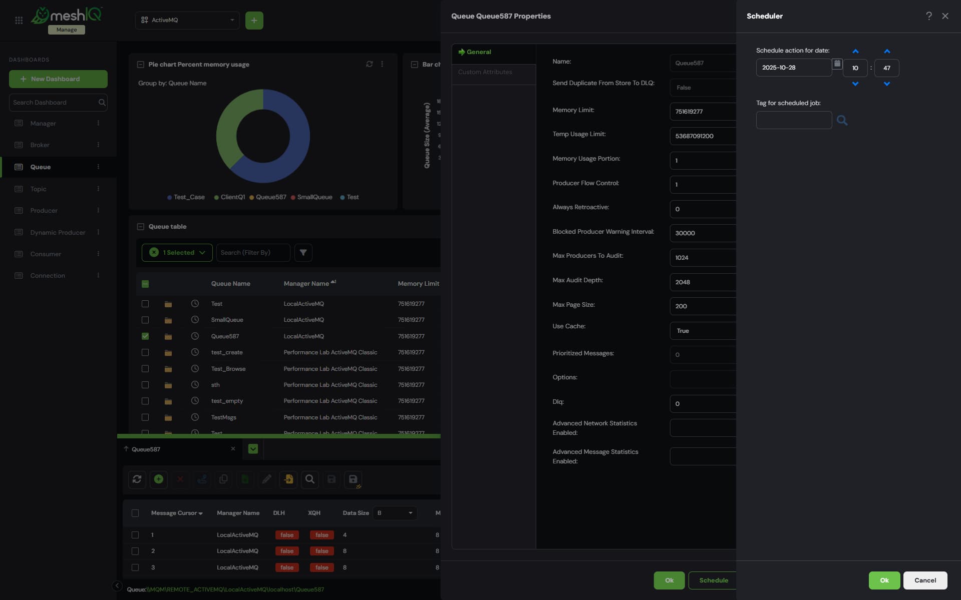 A computer screen displays a software interface for editing queue properties. A pop-up window labeled Scheduler allows users to set a schedule action date, enter a job tag, and view limits for different event types.