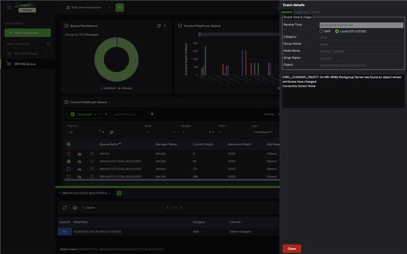 Two overlapping dialog boxes display event and user details for a job. The left box shows job, user, elapsed time, and machine data in table format; the right box lists attribute changes with current and previous values.