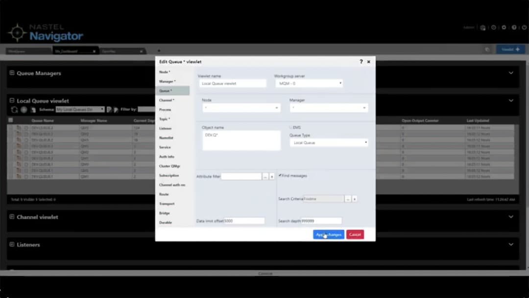 A software interface shows a pop-up window titled Edit Queue: visiolet, with various fields and dropdowns for queue settings. The Apply changes and Cancel buttons are at the bottom. The background is a dimmed queue manager dashboard.