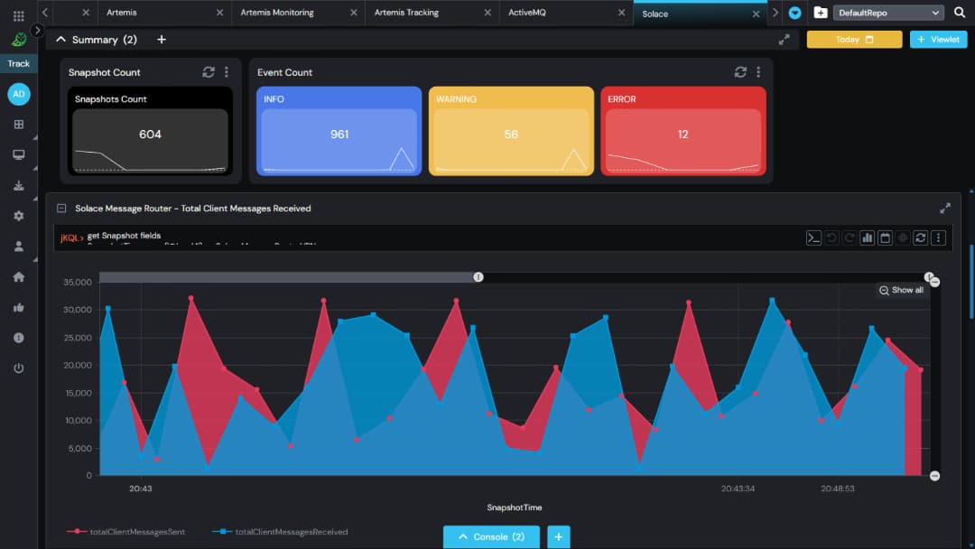 Screenshot of the Nastel Navigator dashboard displaying tables for Brokers, Message VPNs, and Solace Queues, each listing various configuration details in blue and black interface sections.